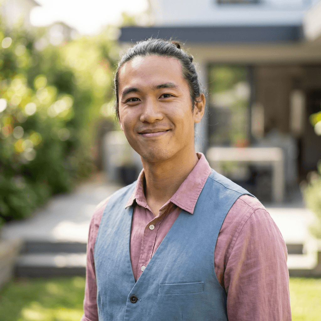 Marcus Chen, a male guest in his early 40s, East Asian, with a friendly expression in a casual setting