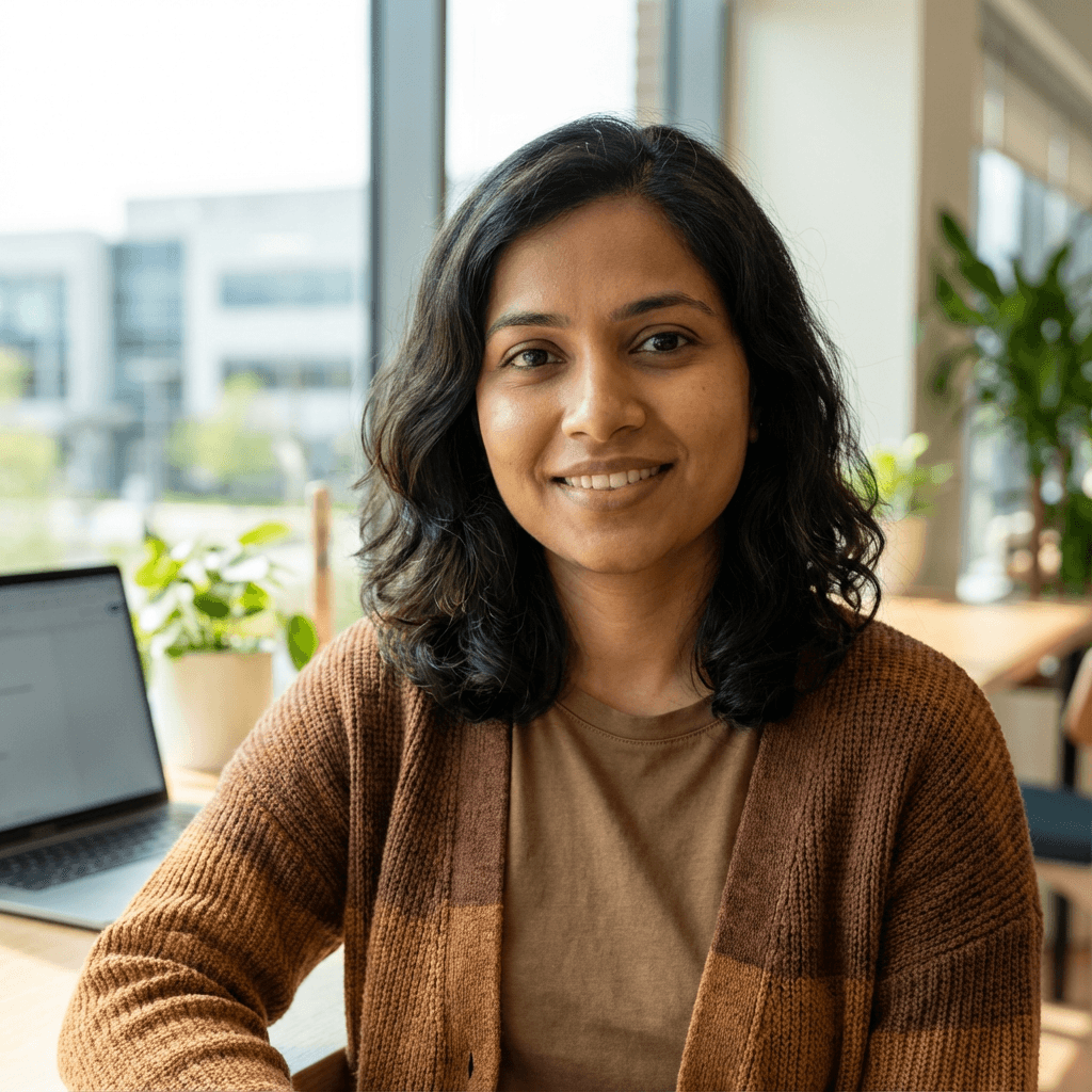 Priya Patel, a female guest in her early 30s, South Asian, cheerful and friendly in a travel dress