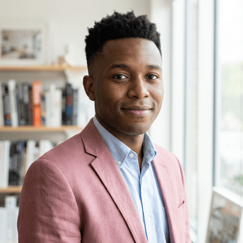 David Okonkwo, a male guest in his mid 30s, Black, with a professional yet relaxed demeanor in casual attire