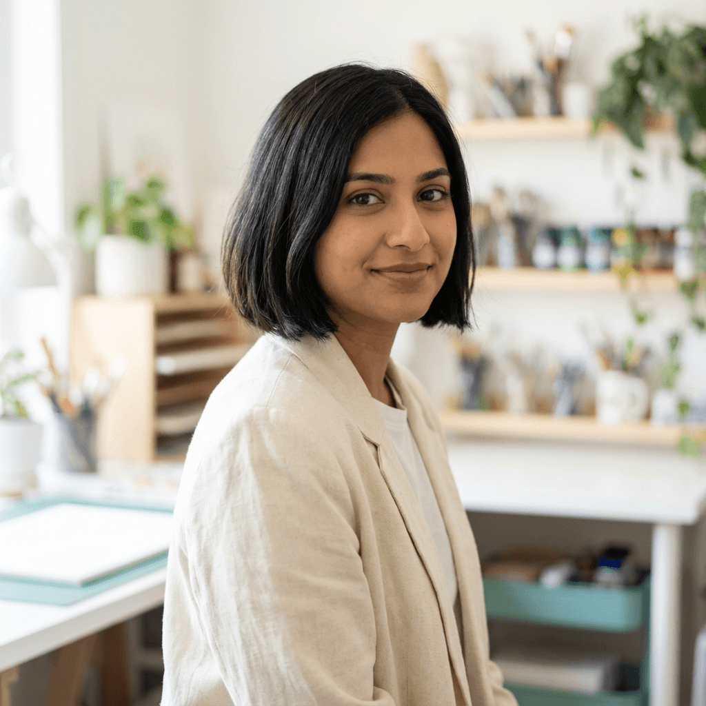 Priya Patel standing calmly with the boardwalk behind her