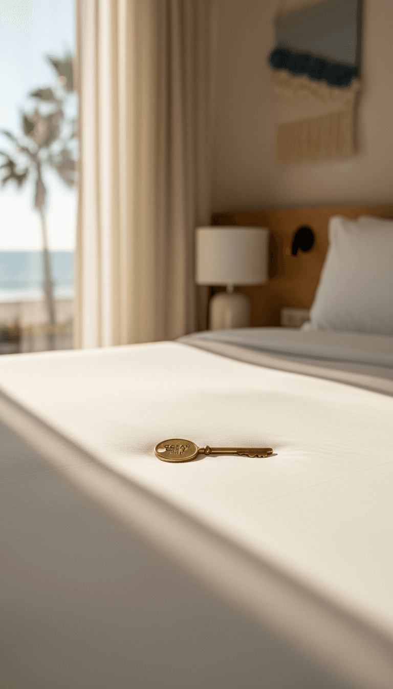 Brass room key on a crisp boutique bed with soft coastal light