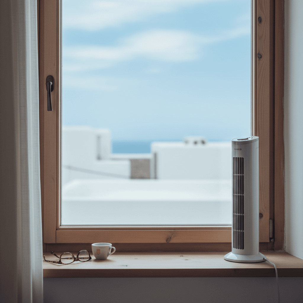 Room window with soft coastal view and glass on sill