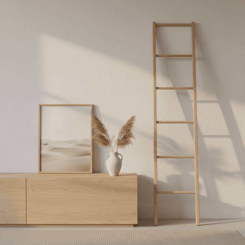 Boutique room corner with ladder and framed dune print