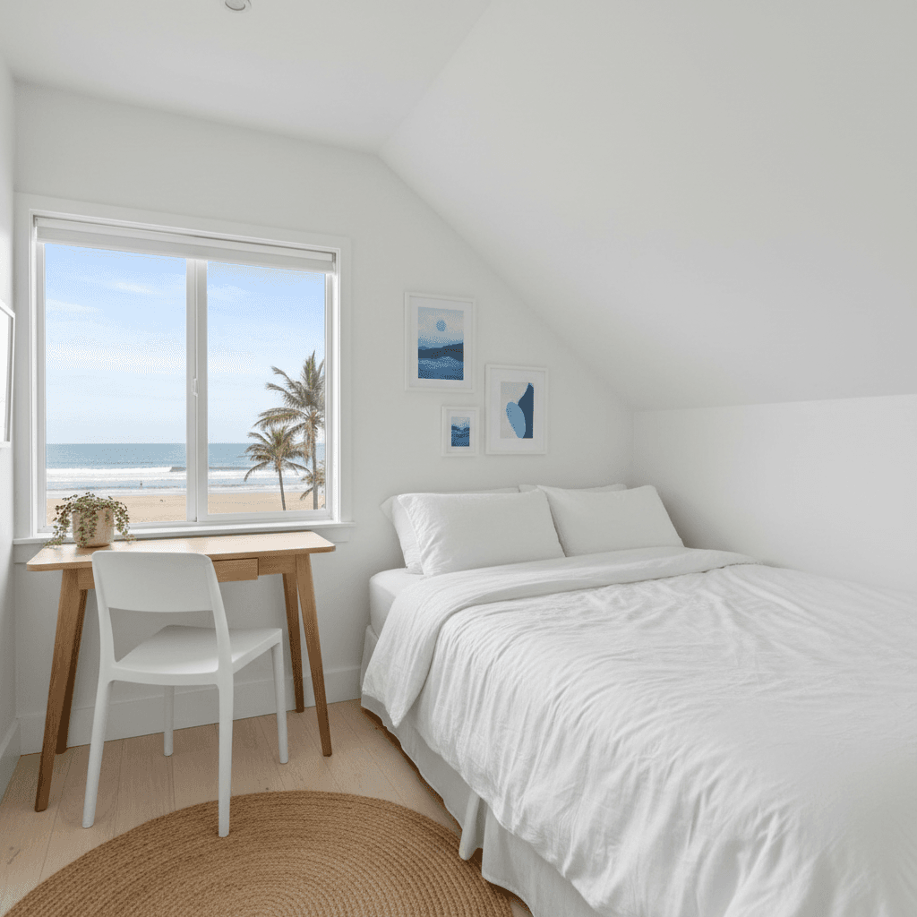 Cozy corner room with desk and sloped ceiling