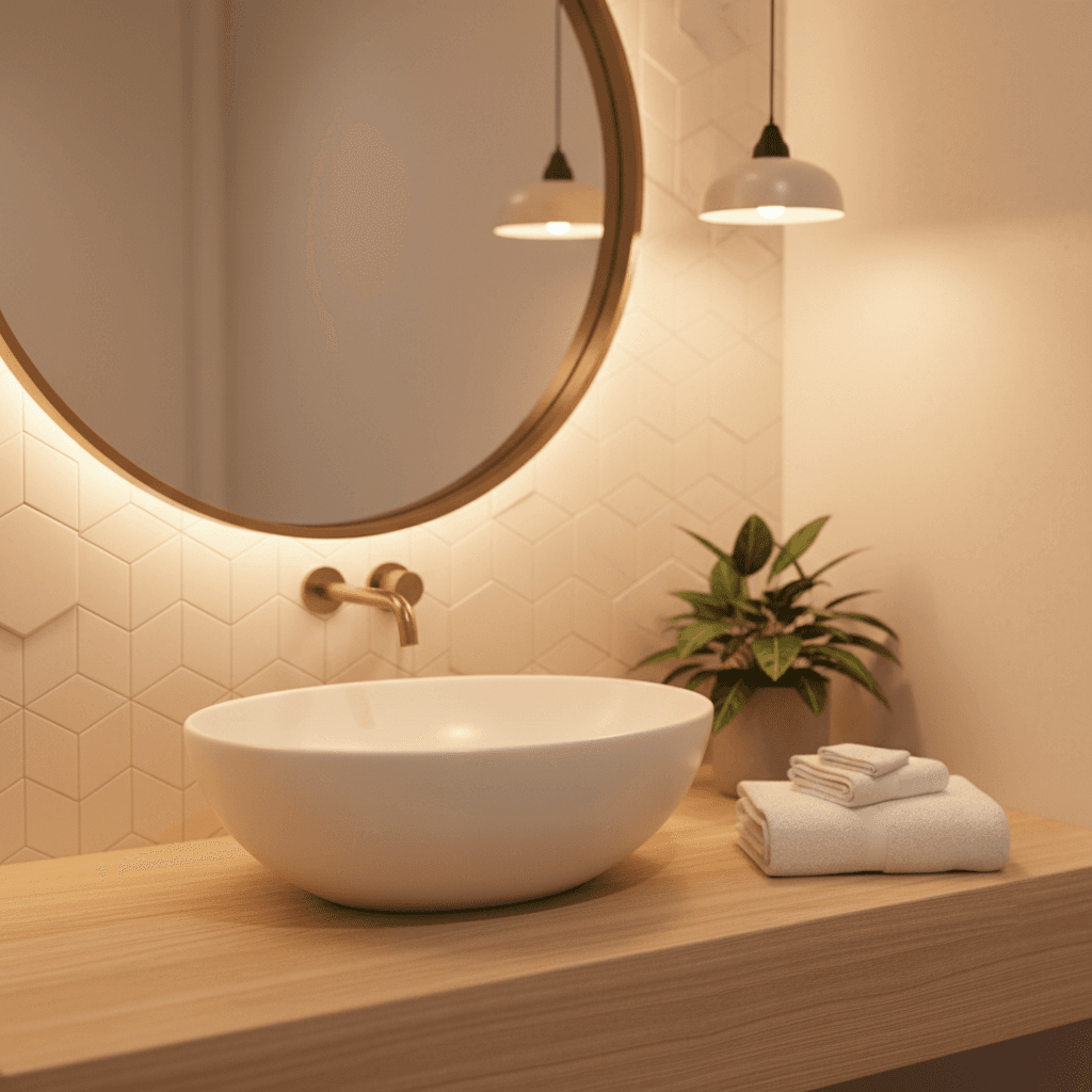 Boutique bathroom vanity with round mirror and brass details