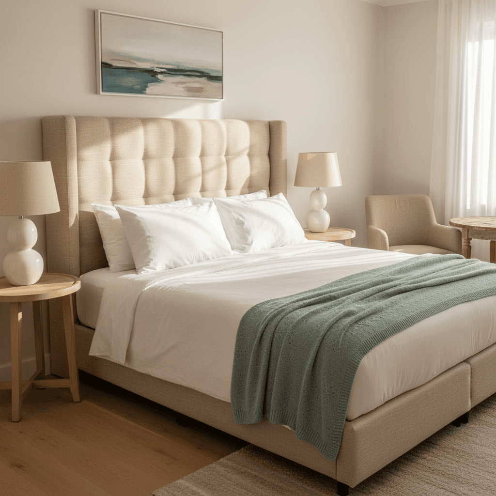 Boutique room with upholstered headboard and window seating