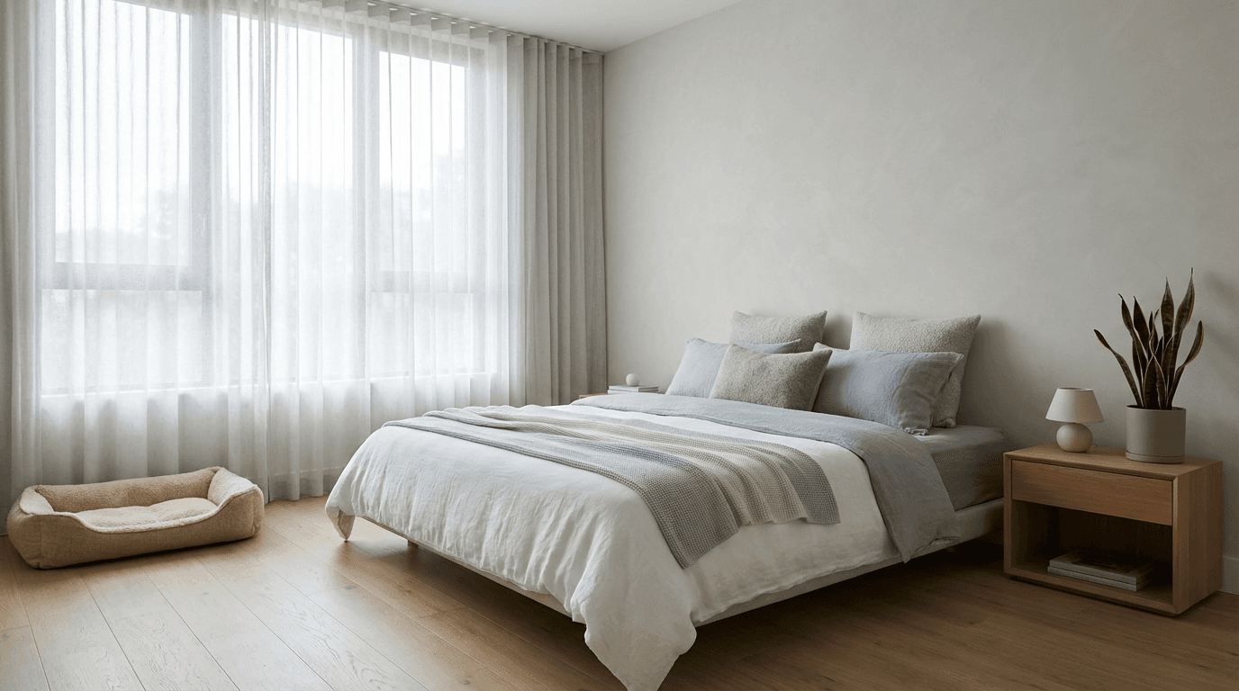 Quiet boutique room with crisp linens and soft coastal light