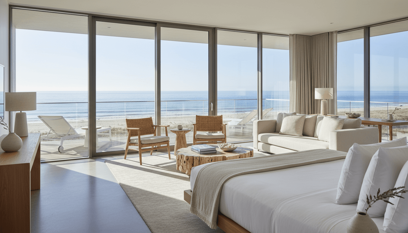 Ocean-view room with sheer curtains and soft morning light
