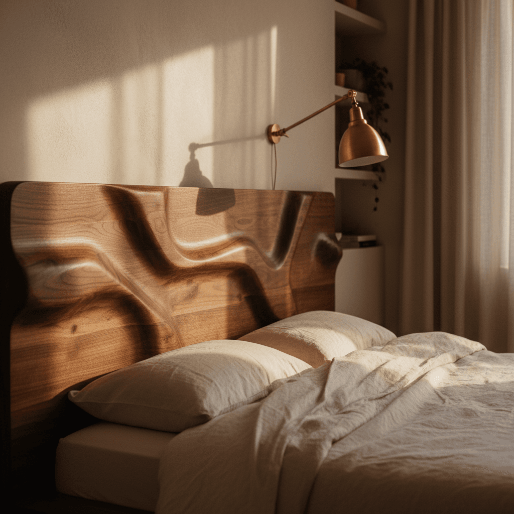 Extended-stay room with kitchenette corner and layered textiles