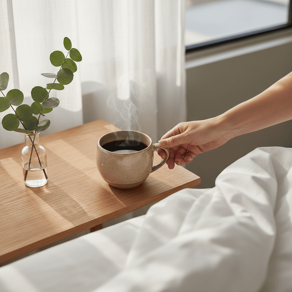 Sunlit boutique hotel room with a coastal feel