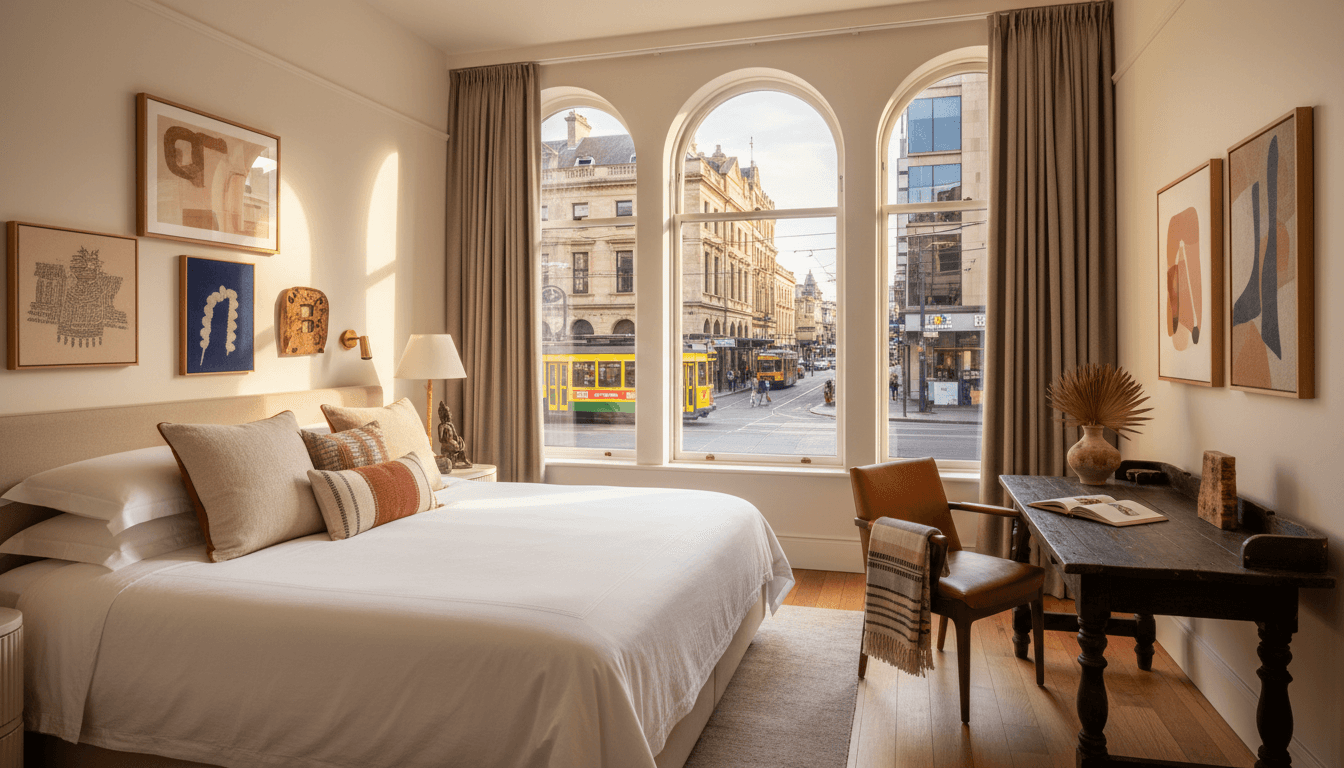 Wide view of a tidy boutique hotel room
