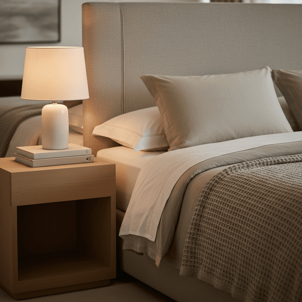 Boutique hotel room with white linens and warm wood accents in Ocean City
